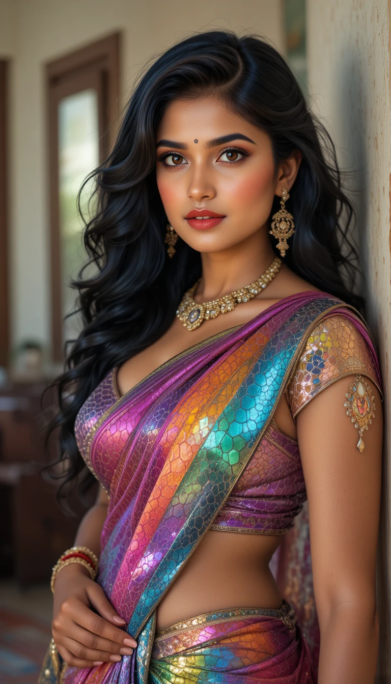 光沢のあるサリーをまとい室内でポーズをとるインド人女性