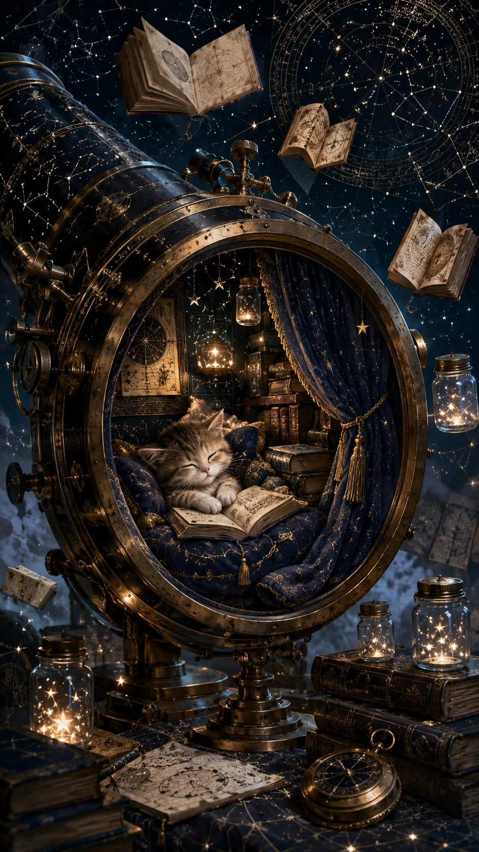 Gattino assonnato in un magico angolo lettura nel telescopio