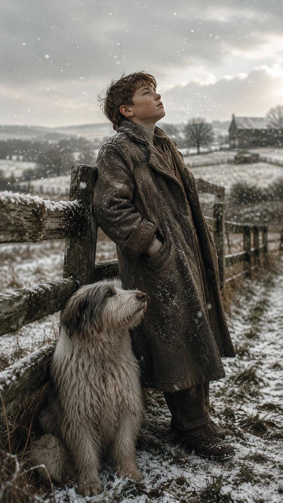 Menino da fazenda e cão pastor no silencioso primeiro nevão de inverno