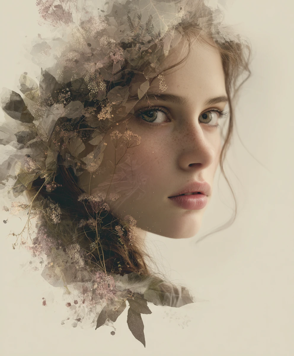 Retrato etéreo de uma garota se fundindo com flores silvestres