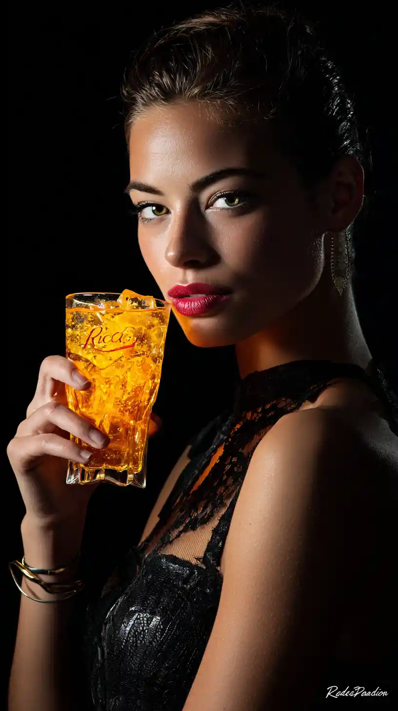 Mulher segurando um copo de Ricard com cubos de gelo