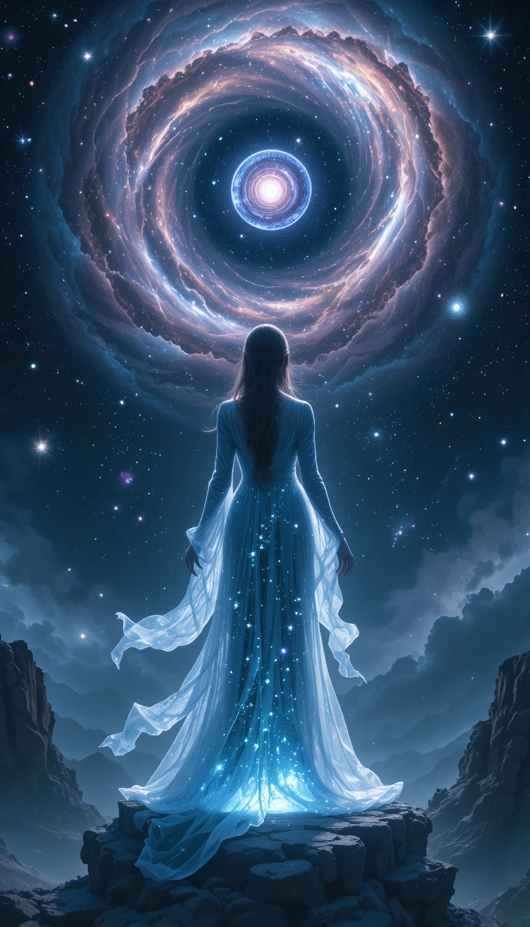 Hechicera celestial sobre plataforma de cristal ante una nebulosa en espiral