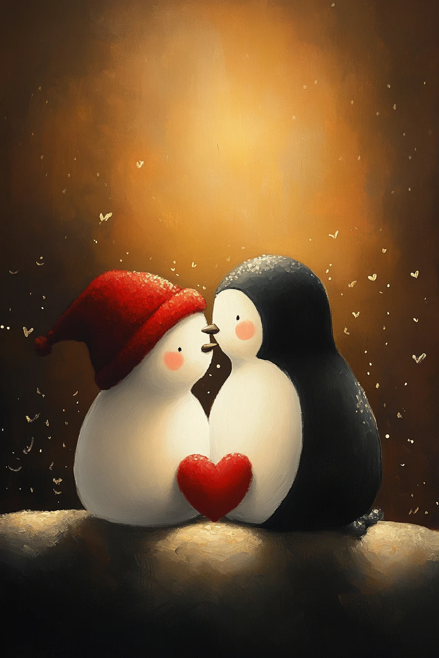 Pintura entrañable y fantasiosa de tiernos personajes juntos