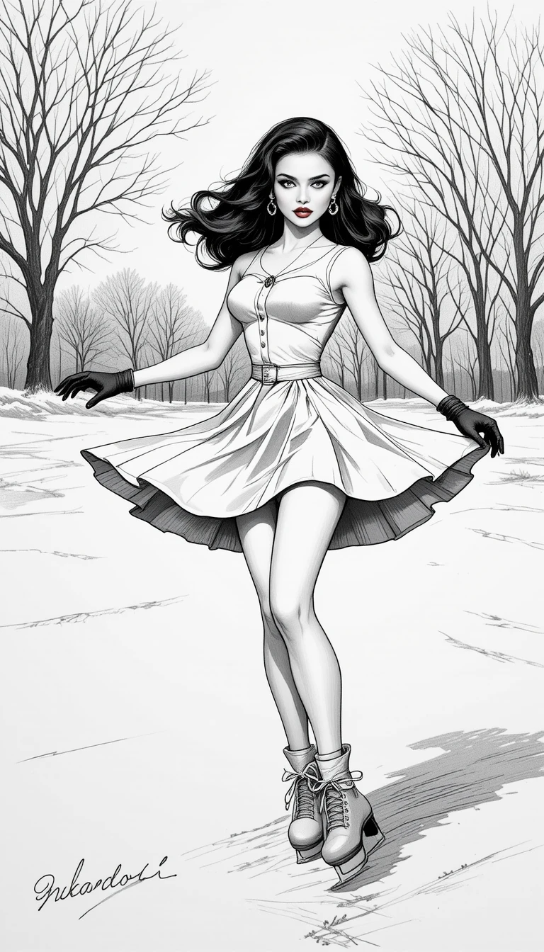 Mujer pin up vintage patinando sobre hielo en pista exterior