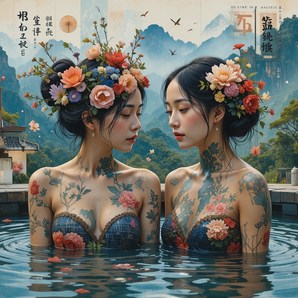 Duas mulheres lavando o cabelo em uma fonte termal nas montanhas do Japão