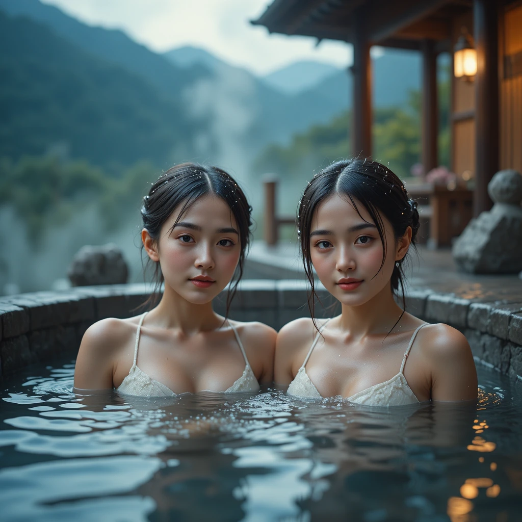 Zwei Frauen waschen sich die Haare in einer japanischen Berghotquelle