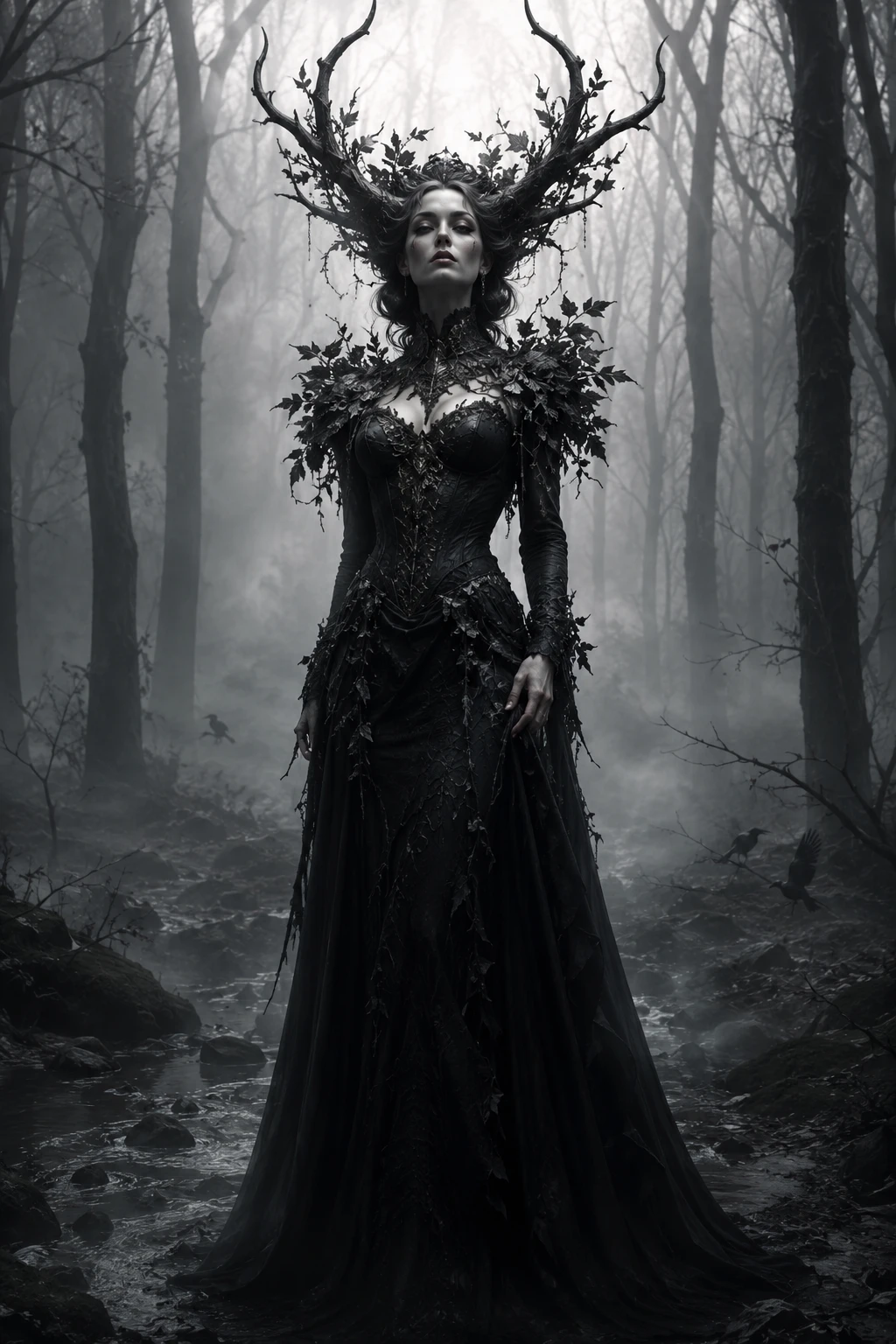 Femme éthérée couronnée de bois dans une forêt monochrome embrumée