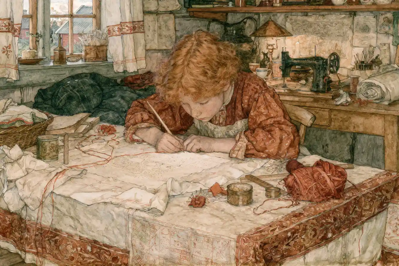 Young embroiderer working in a cozy old house room
