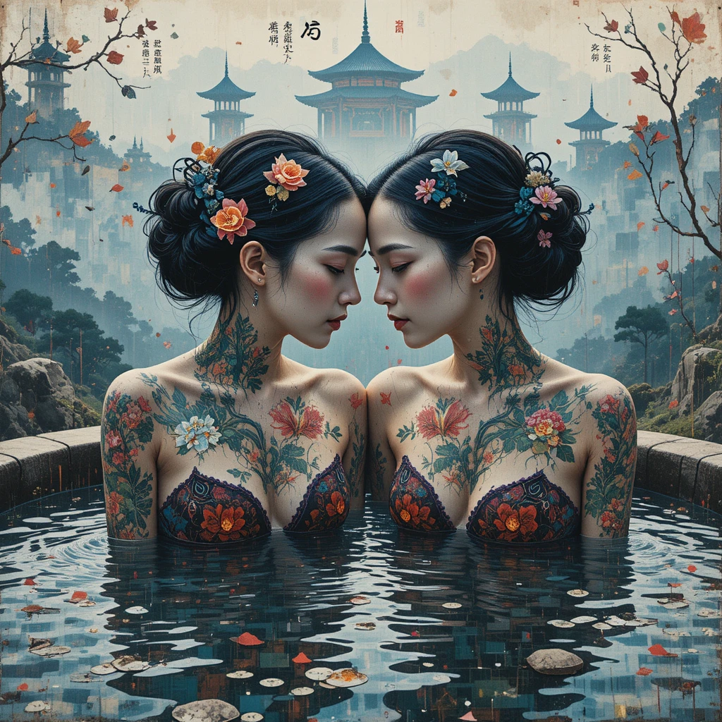 Duas mulheres lavando o cabelo em uma fonte termal nas montanhas do Japão