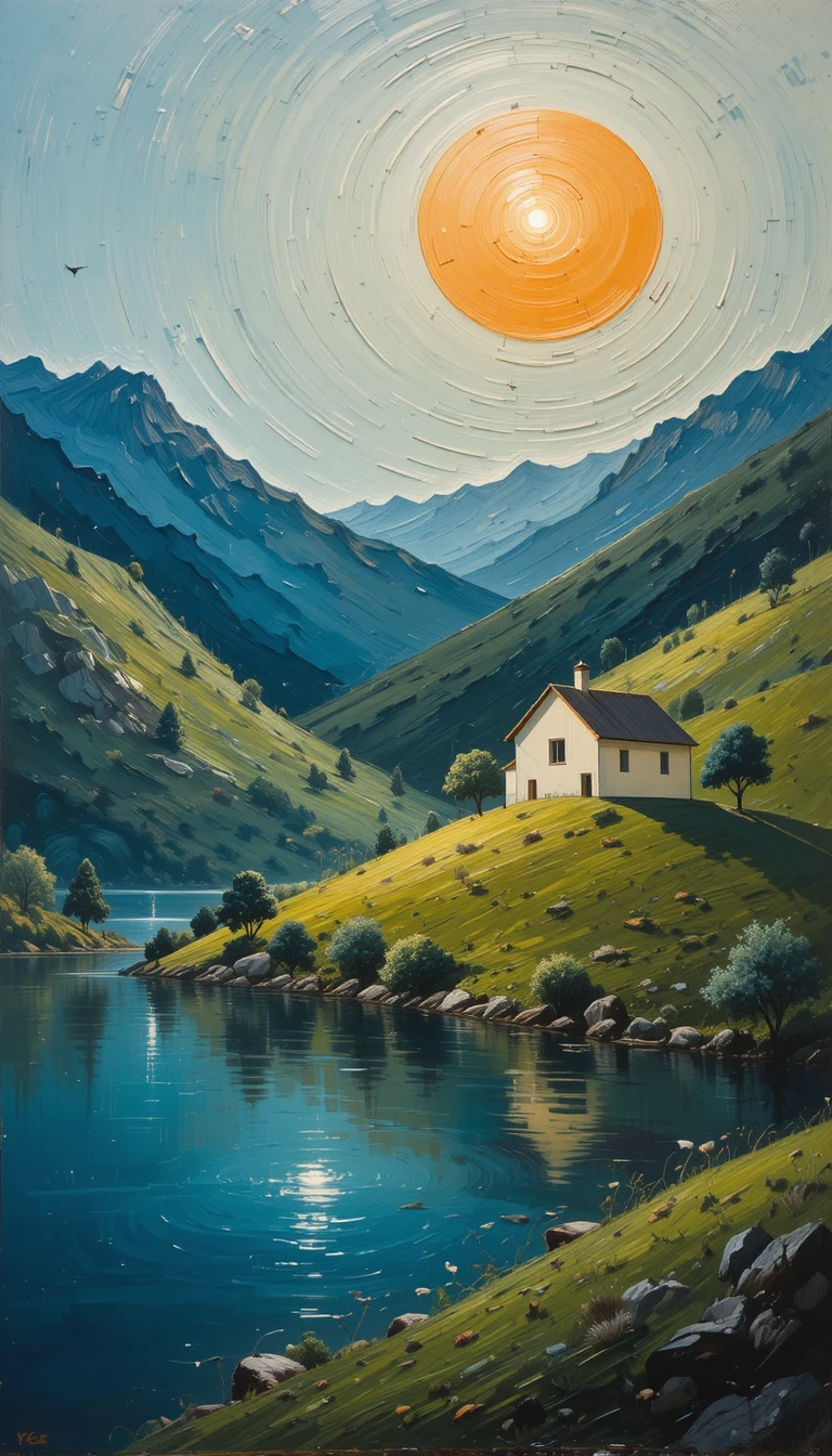 Peinture paisible de lac en impasto avec silhouette humaine subtile