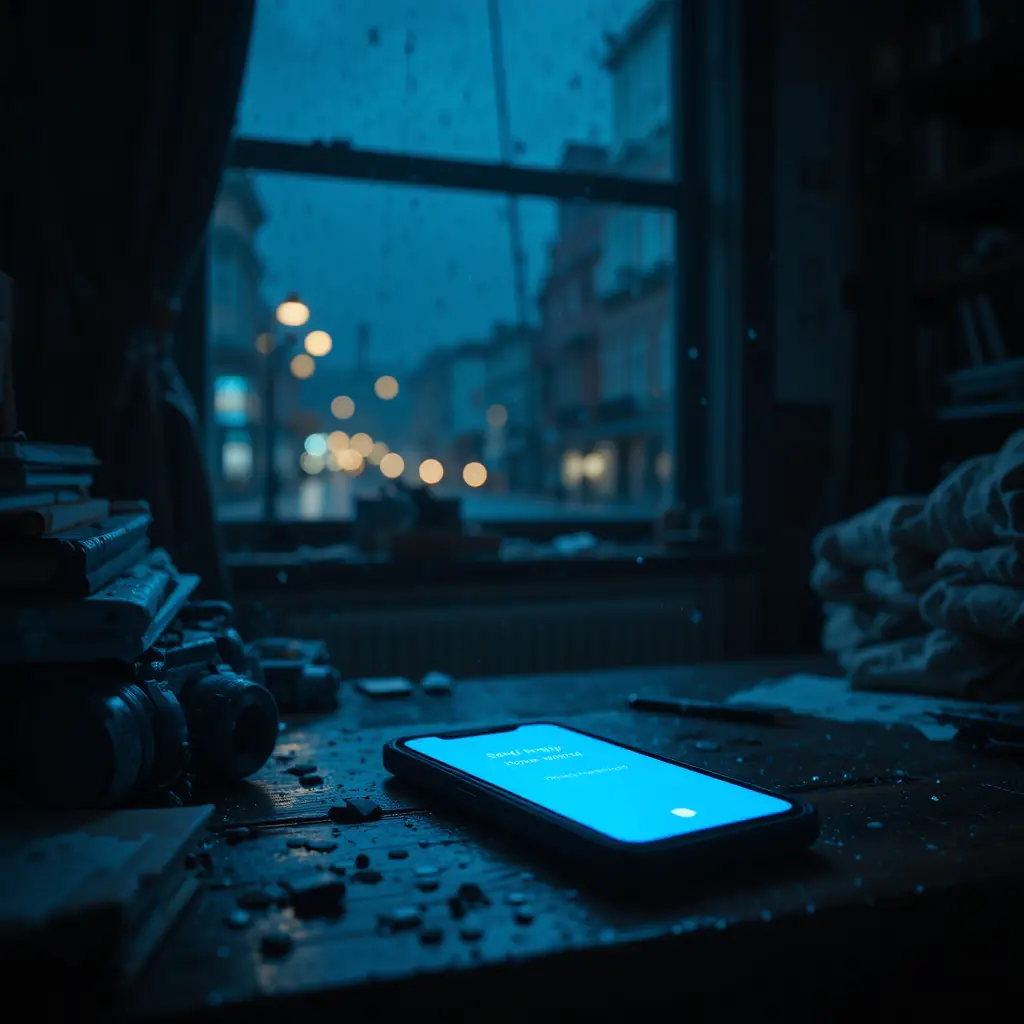 Late night smartphone reminder on a dim bedroom desk