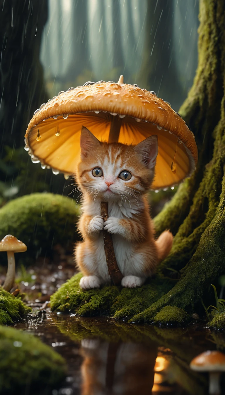 Minuscule chaton triste sous un abri de champignon trempé par la pluie