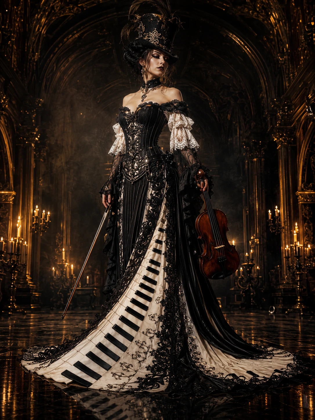 Femme gothique avec violon dans une salle baroque éclairée aux chandelles