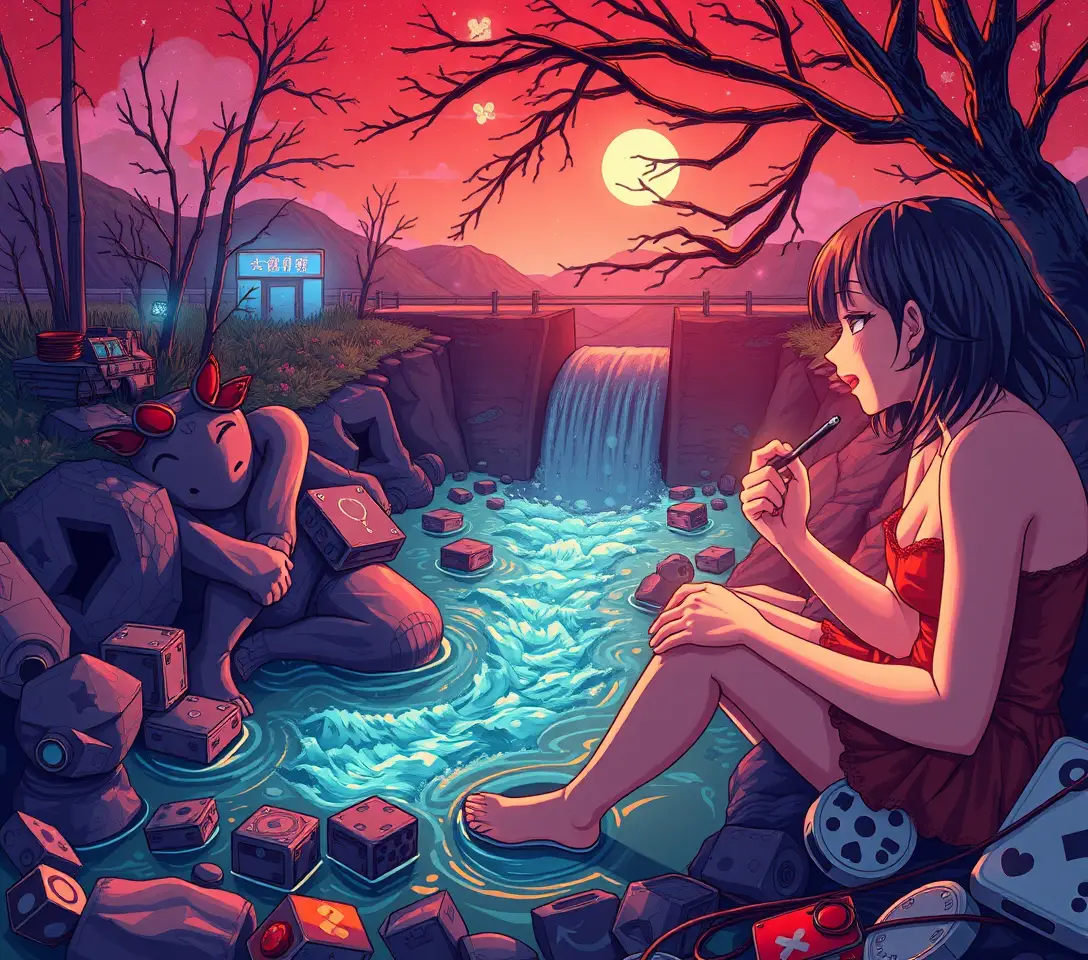Pop-surrealistisches Gaming-Nachspiel an einem ruhigen Bachdamm