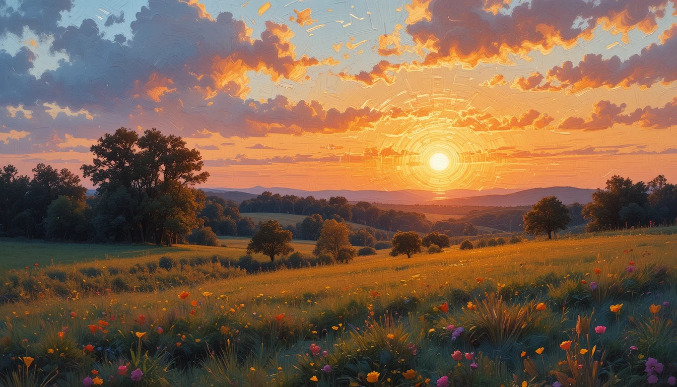 Paisible paysage de campagne impressionniste au coucher de soleil chaleureux