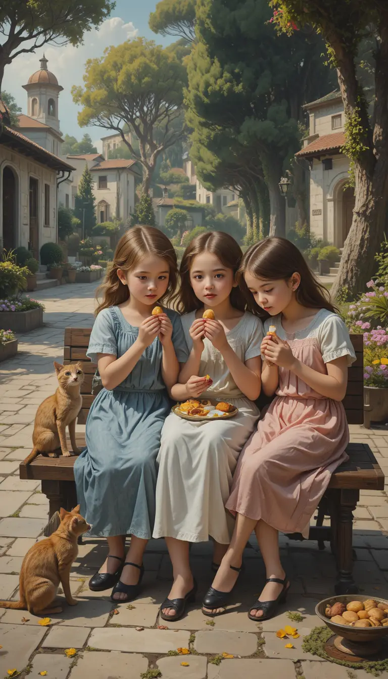 Children feeding birds on a wooden bench at sunrise
