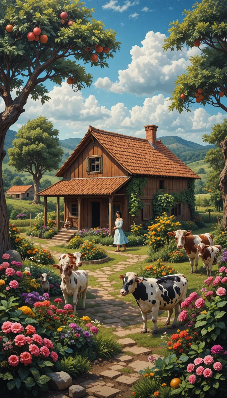 Casa de fazenda rústica de madeira em um tranquilo campo rural