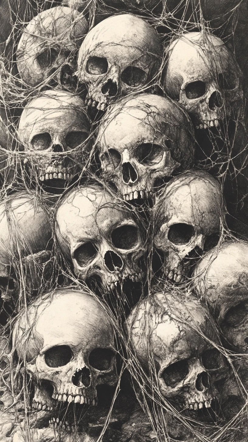 Crânes humains vieillis enveloppés de toiles d’araignée à l’encre monochrome