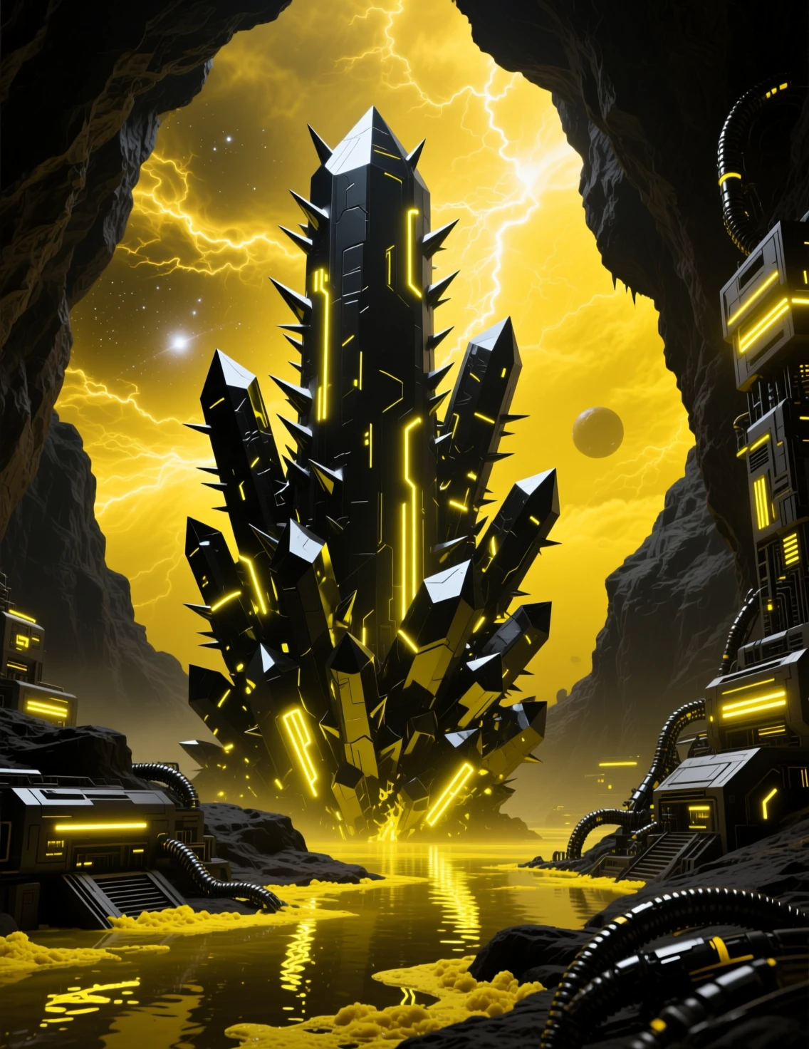 Géants cristaux de néon s’élevant dans une grotte futuriste de science‑fiction