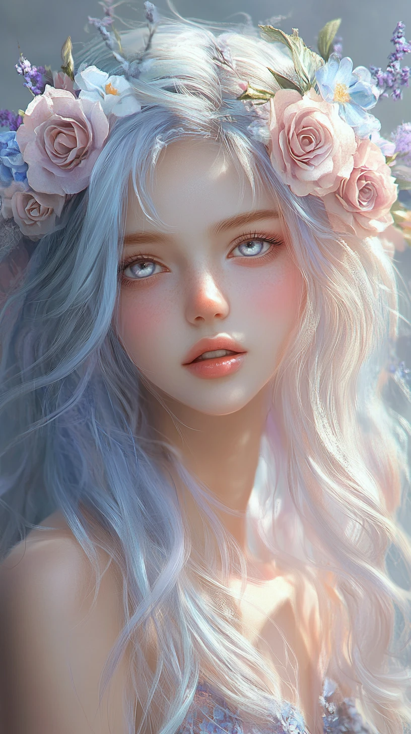 佩戴粉彩花冠的空靈系動漫少女