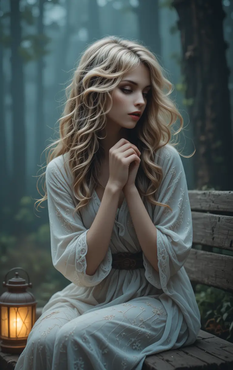 Jeune femme assise seule sur un banc dans une forêt brumeuse