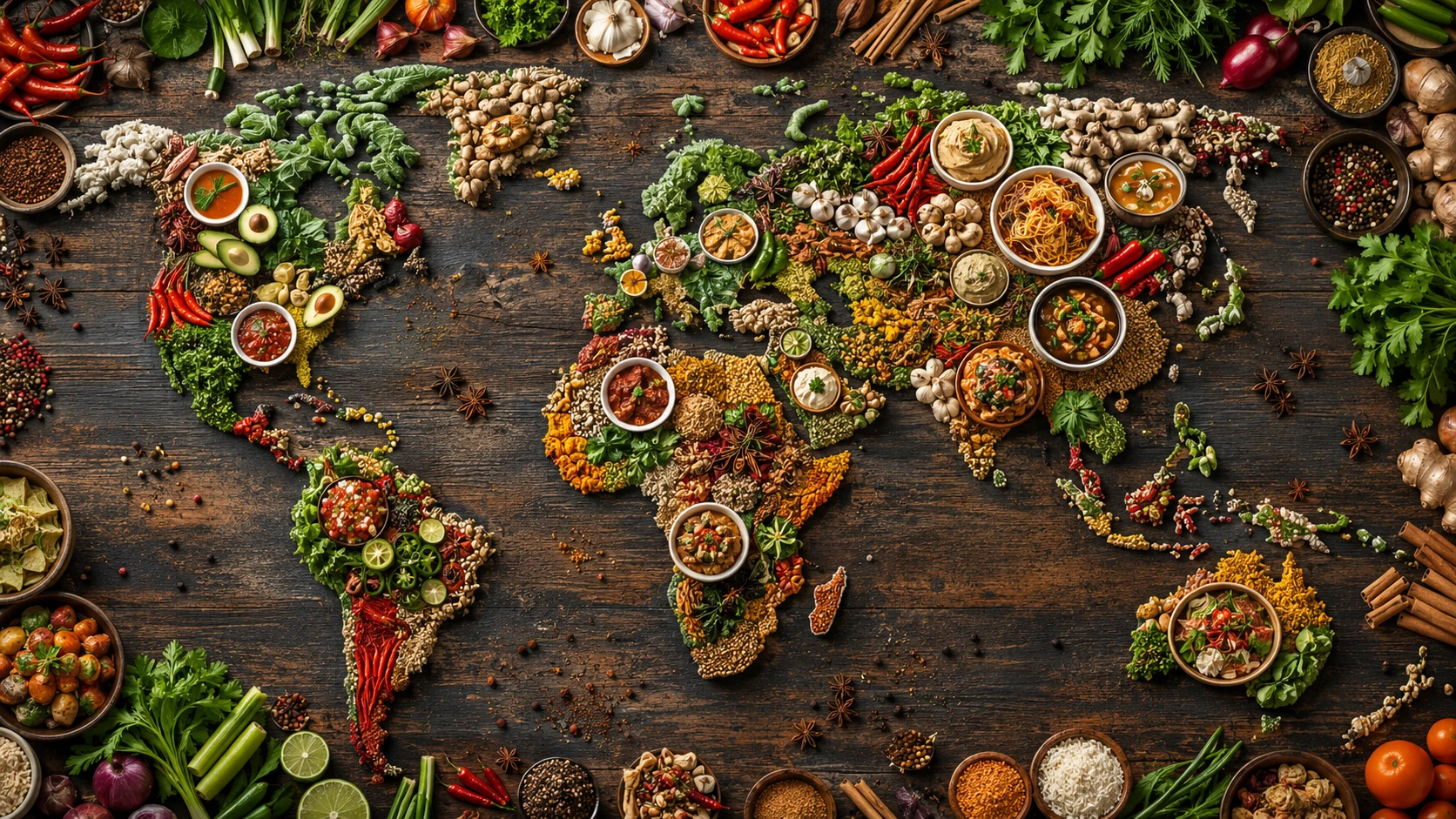 World map shaped from fresh vegetables and aromatic spices