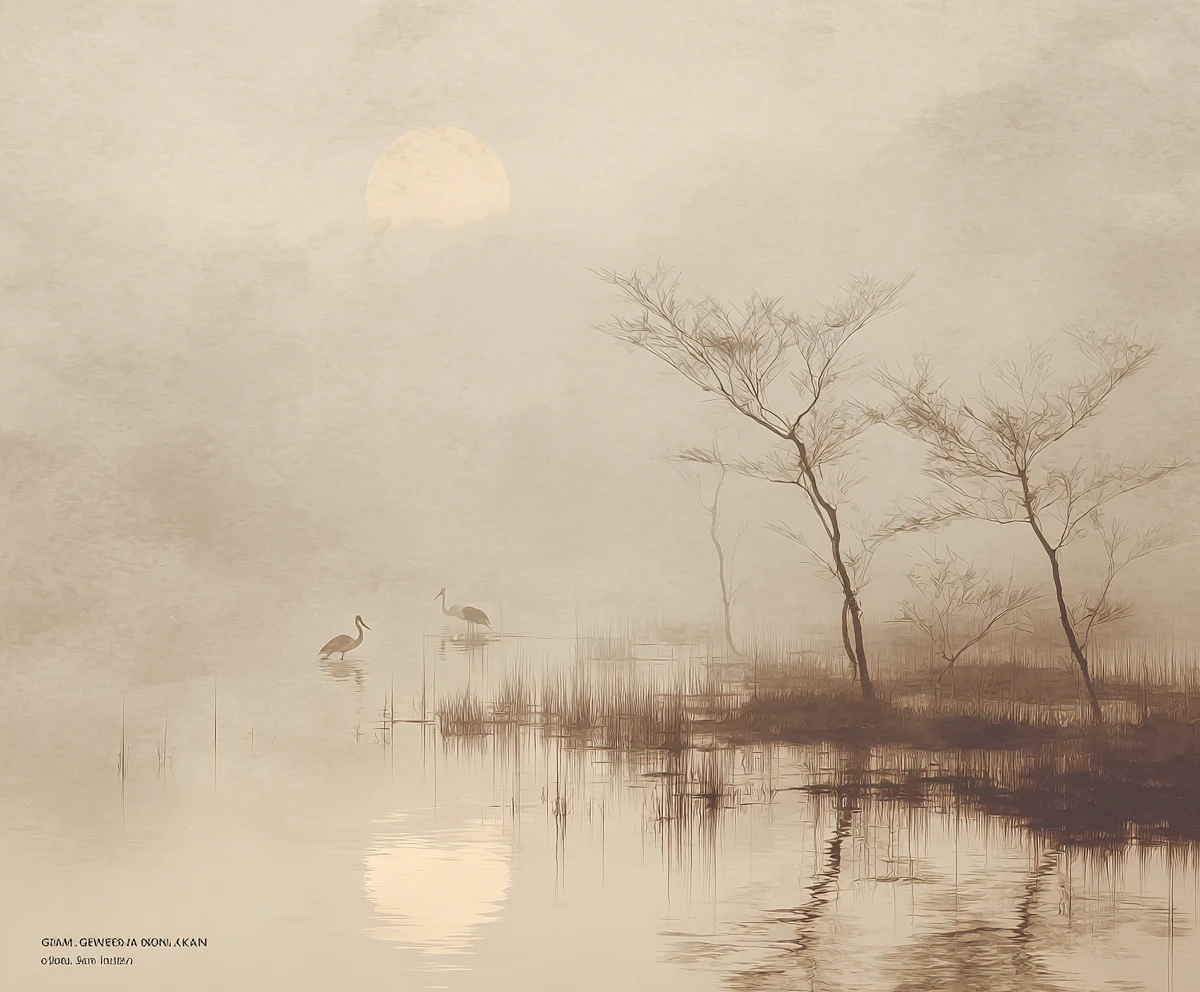 Silhouettes minimalistes au bord d’un lac en aquarelle douce et brumeuse