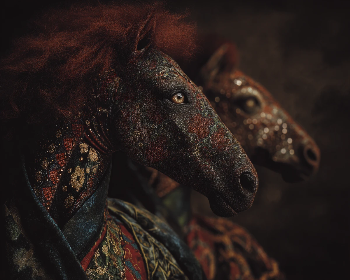 Anjo de pele escura surreal entre cavalos selvagens na paisagem
