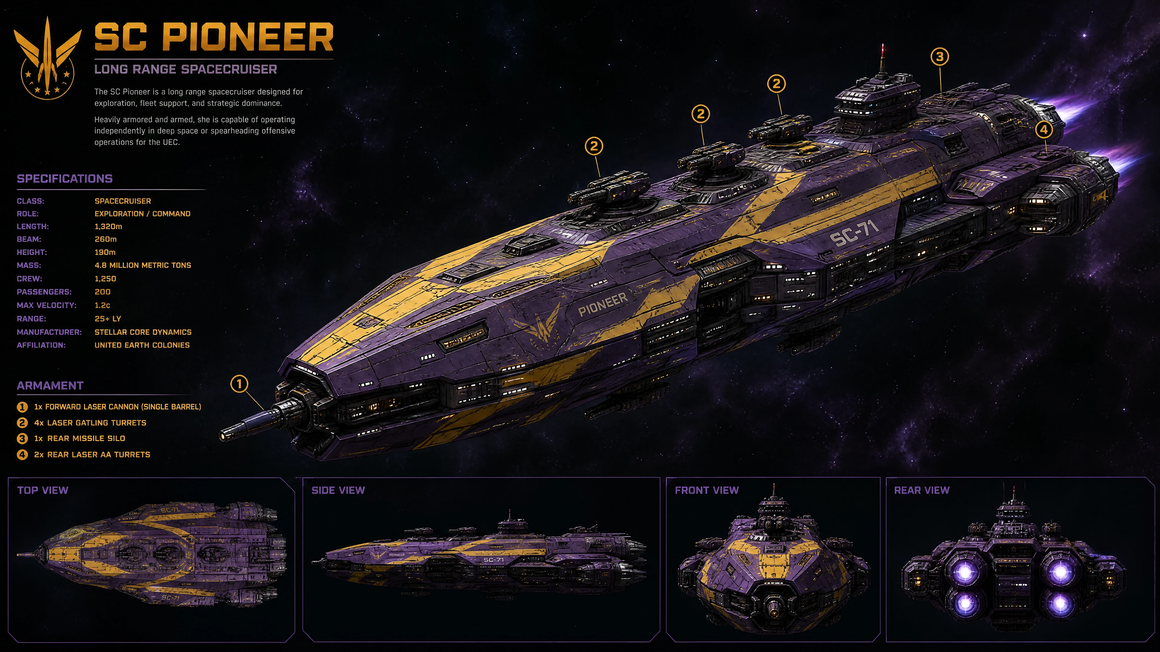 Vaisseau spatial de combat jaune et violet avec plusieurs tourelles laser