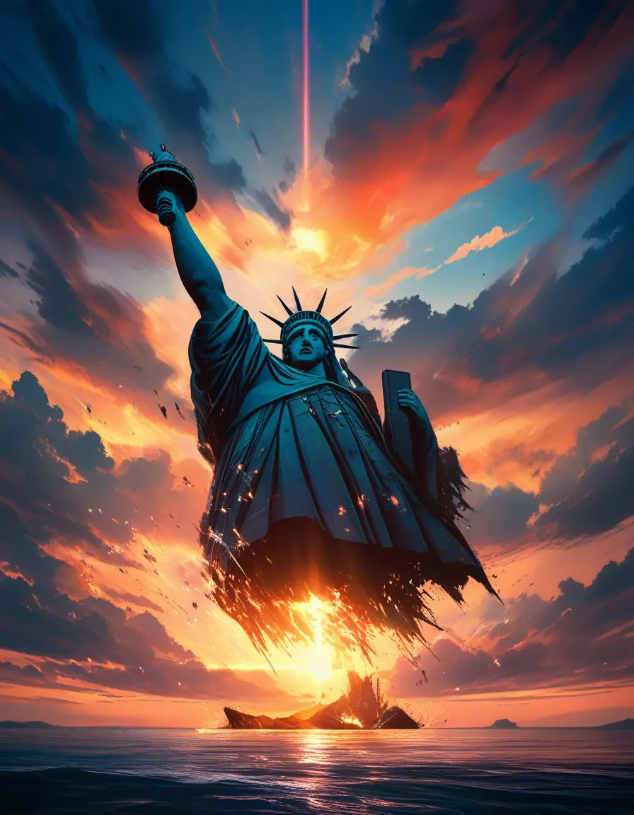 Bandera estadounidense rota sobre Estatua de la Libertad oxidada al atardecer