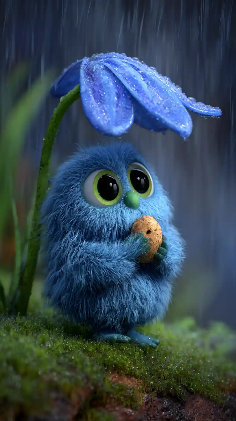 Blue furry creature sheltering under a flower in rain