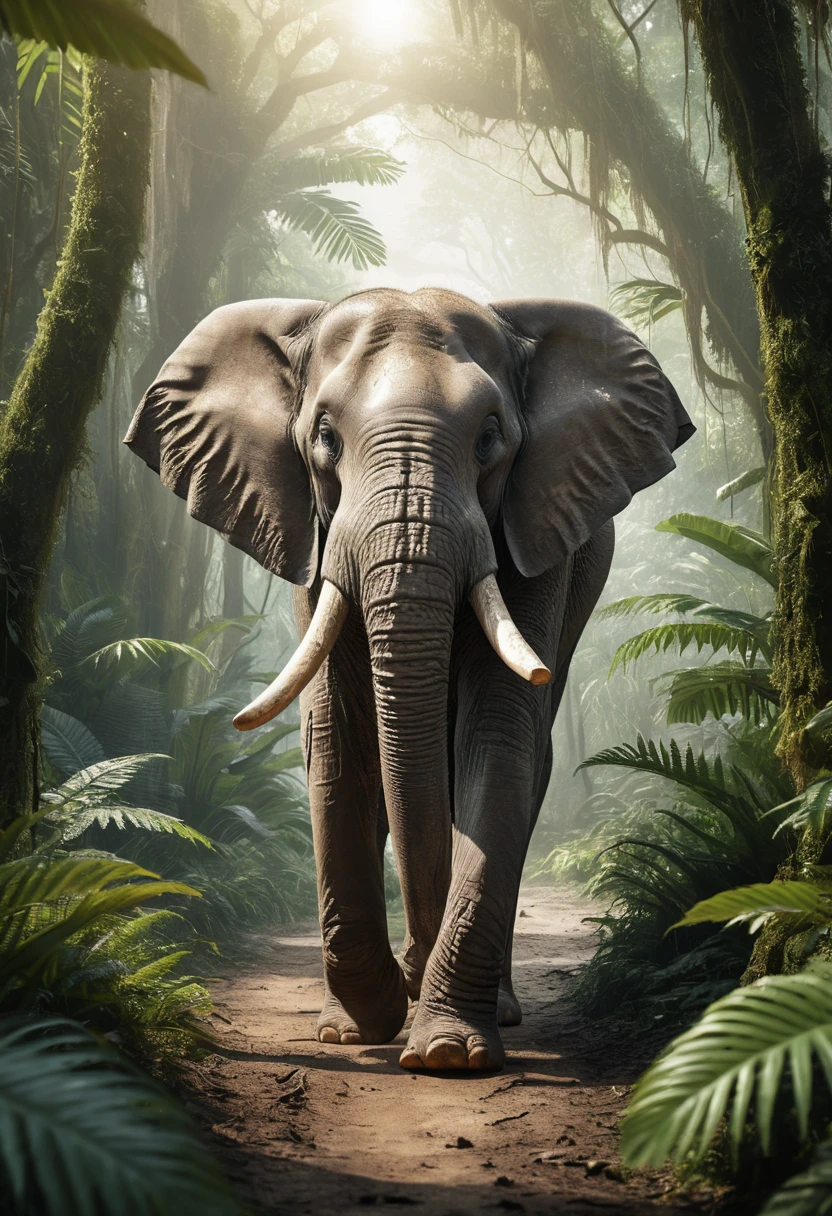 Elefante-asiático caminhando pela luz exuberante da selva tropical