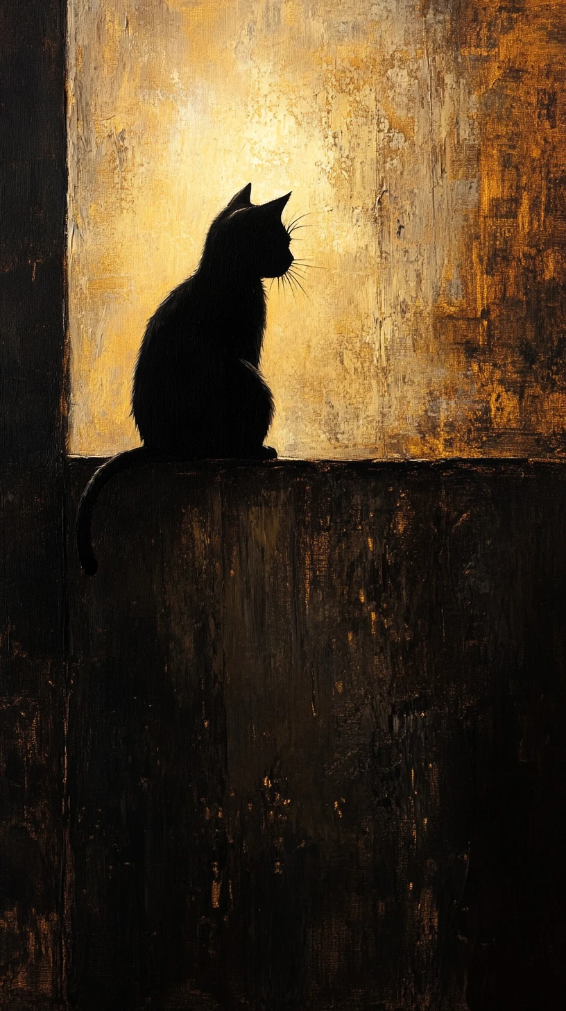 Gato preto descansando em uma saliência de madeira à luz quente