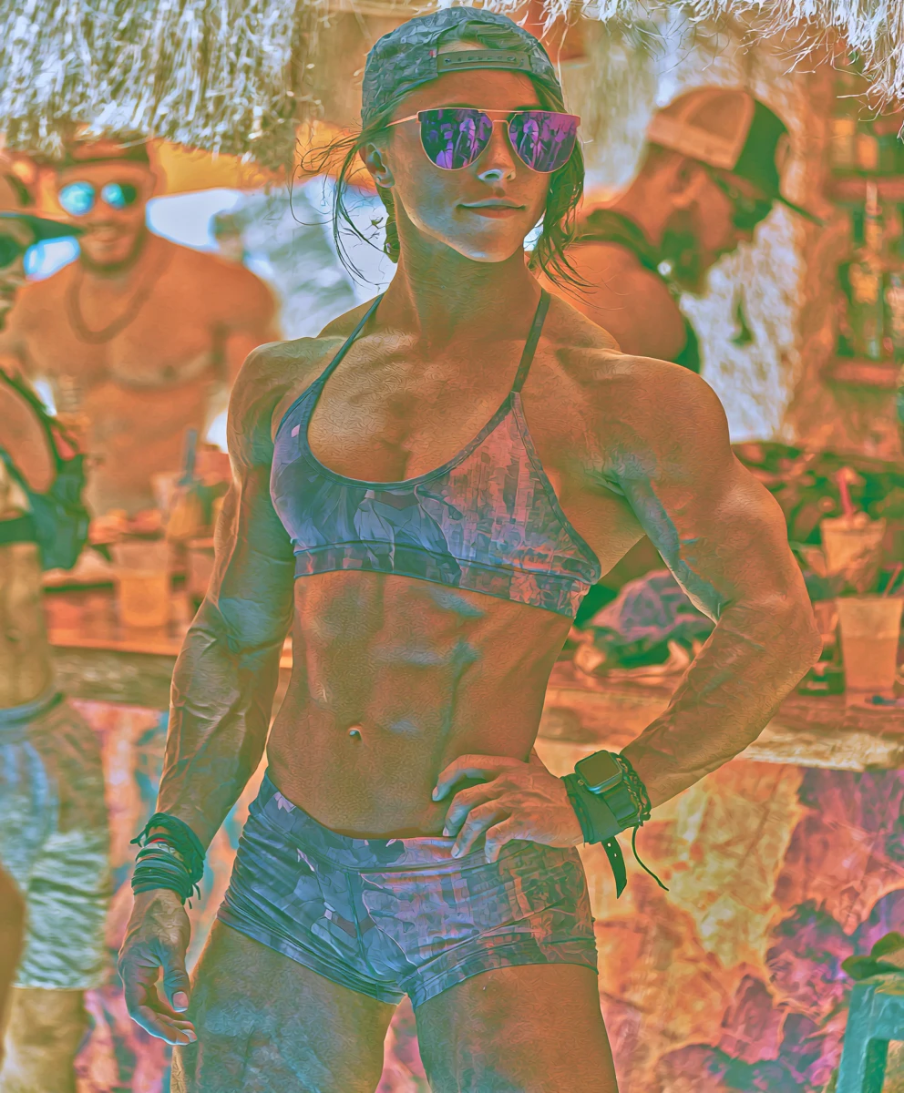 Hyper muscular woman at a sunny beach bar counter