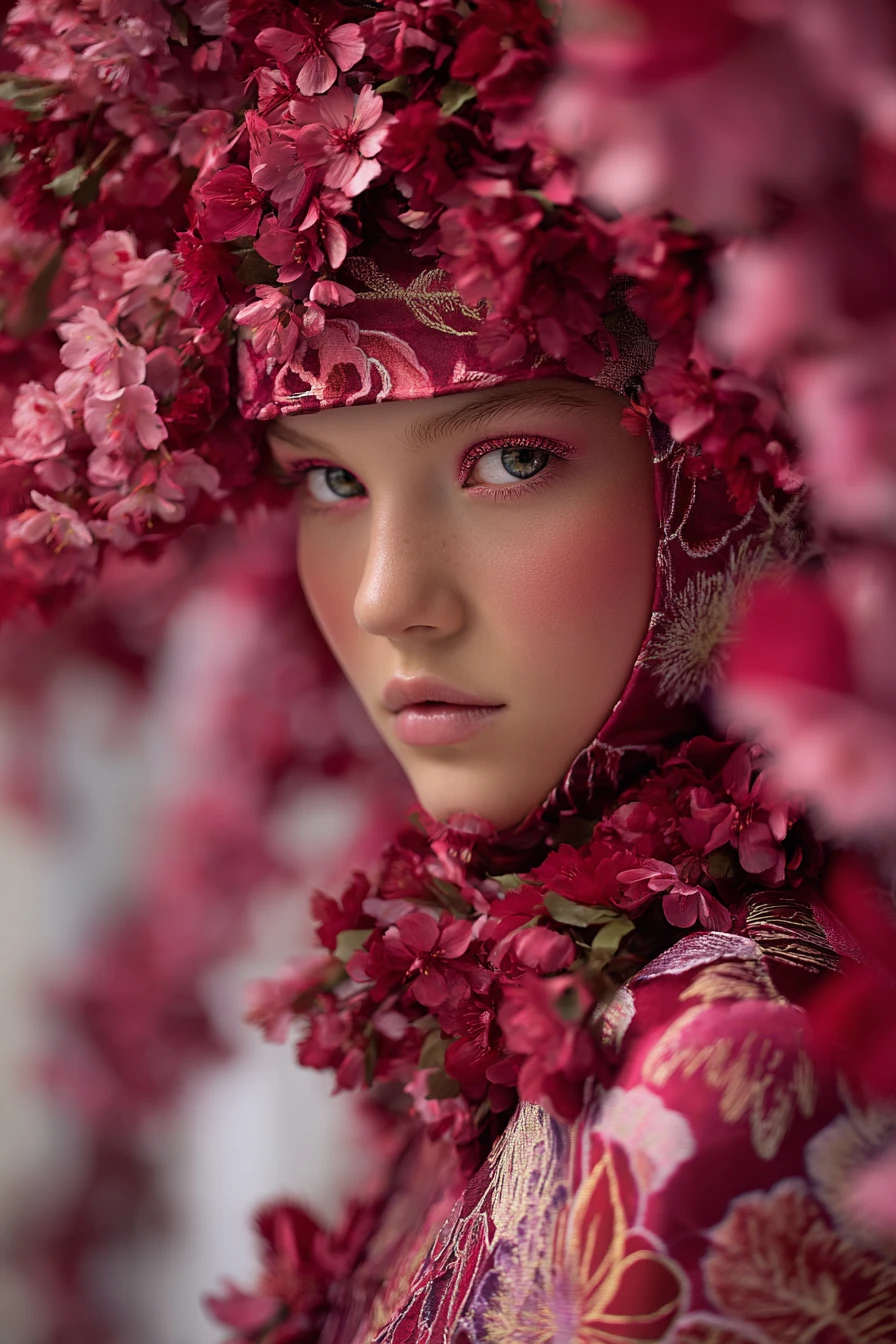 Jovem mulher entre flores de cerejeira vermelhas e quimono de seda