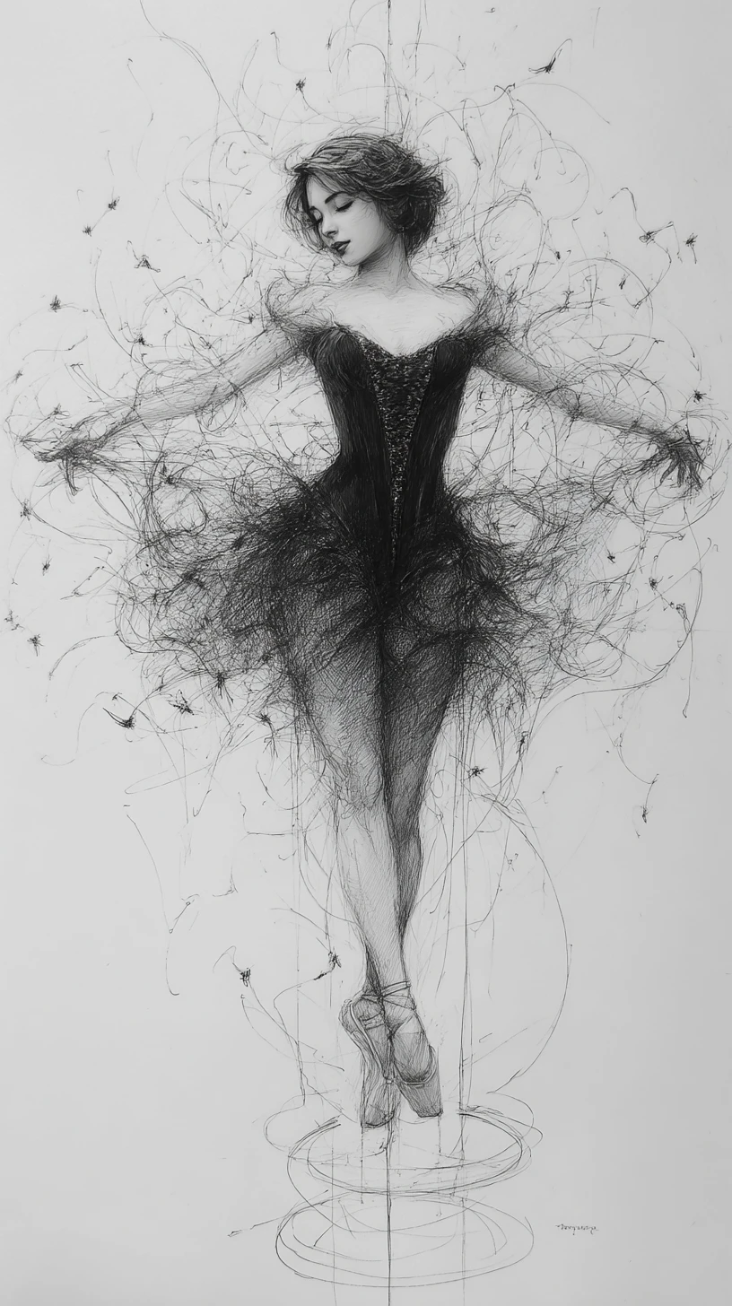 Ethereal dancer in graphite with swirling vortex dress
