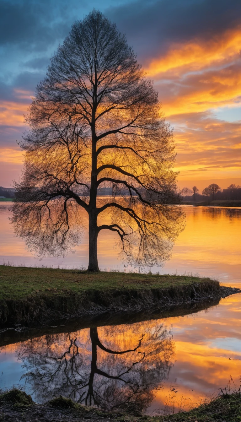 Lonely bare tree by a sunset lake reflection