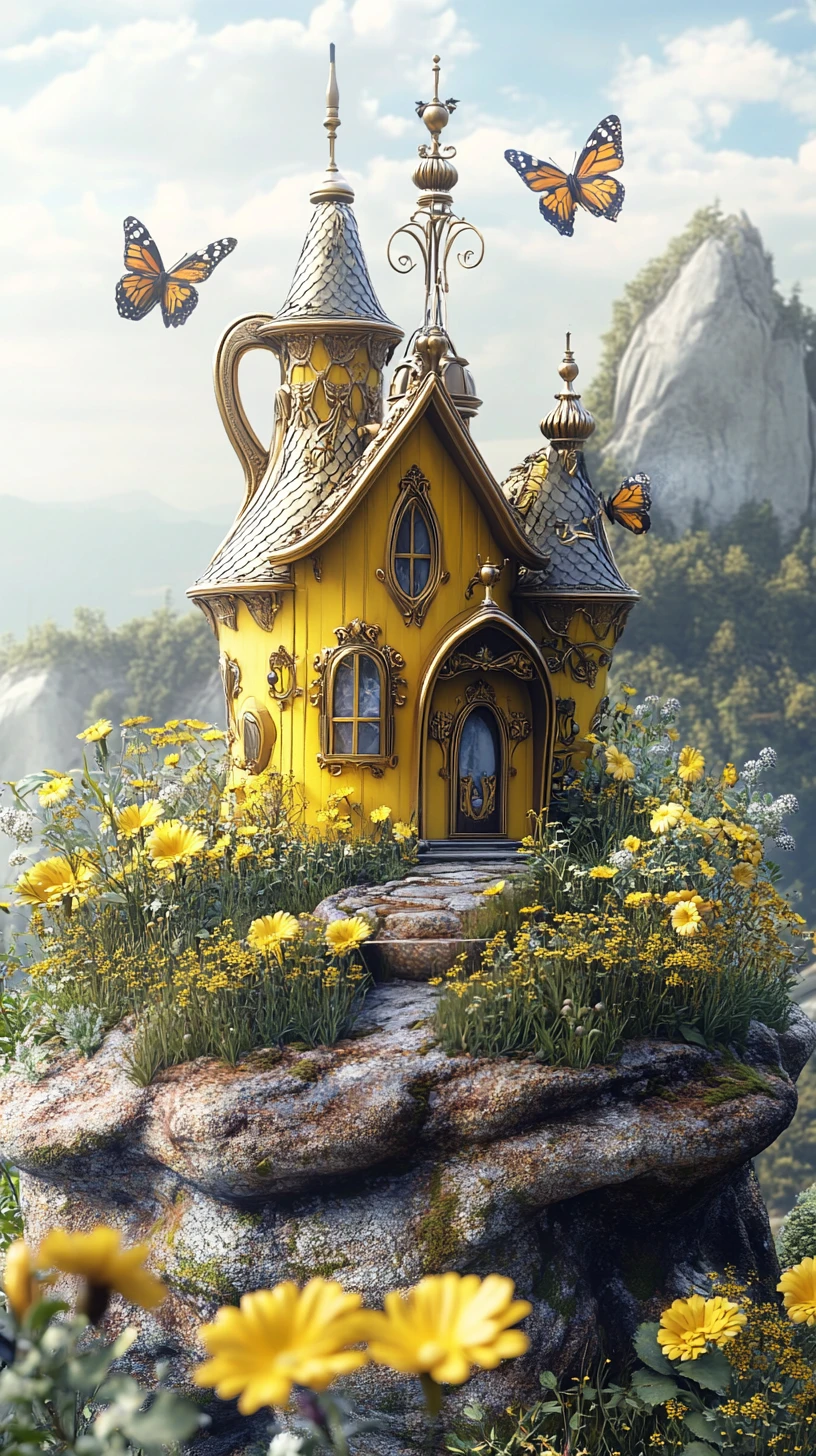 Casa chaleira amarela encantada em um exuberante jardim de fantasia