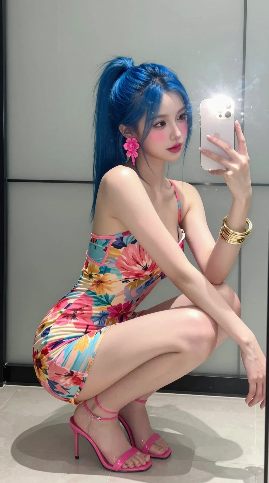 Jovem garota tirando selfie agachada no espelho com vestido floral