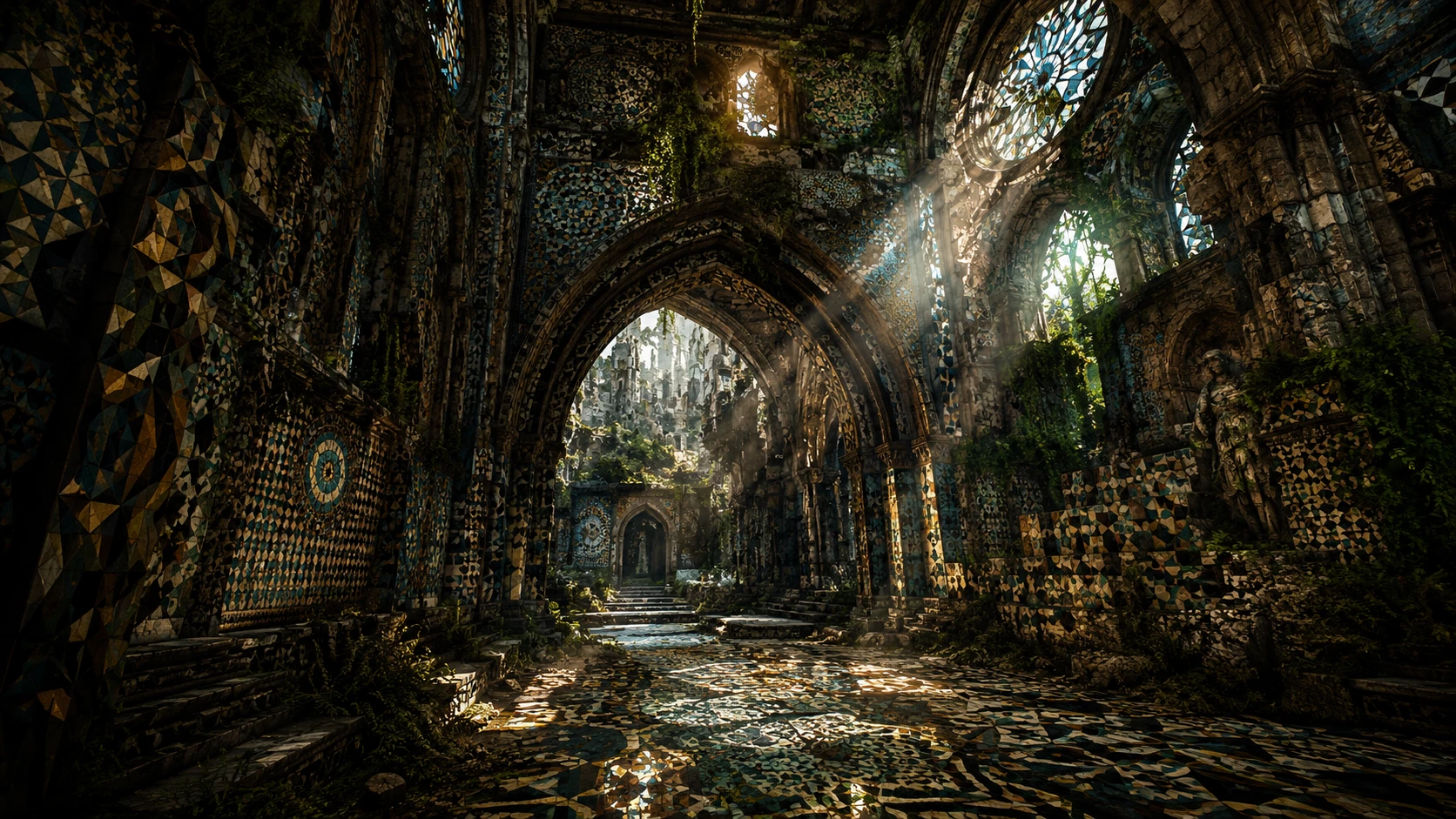 Catedral abandonada en una ciudad fantástica olvidada y cubierta de vegetación