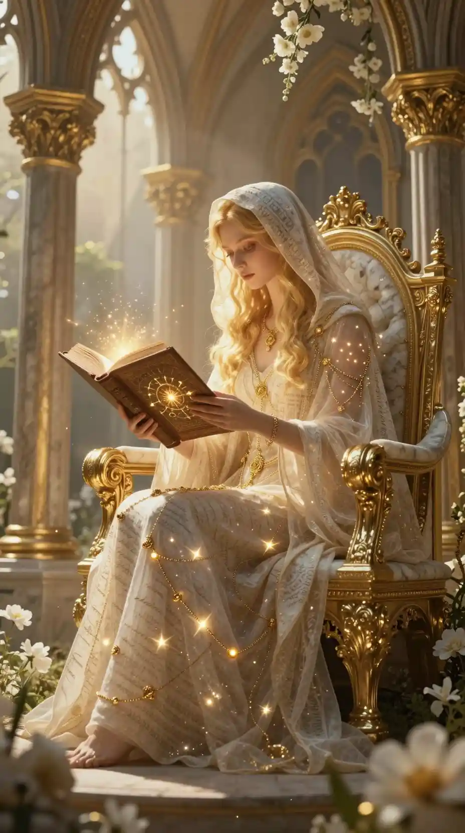 Enchantress Reading In A Sunlit Cathedral Garden