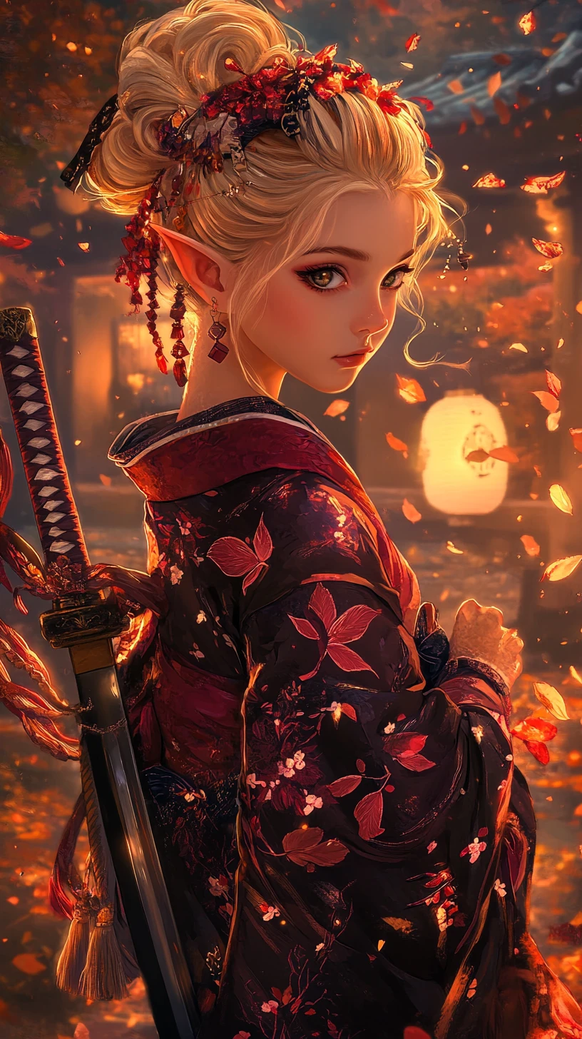 Chica elfa rubia con kimono y katana en un jardín iluminado por faroles