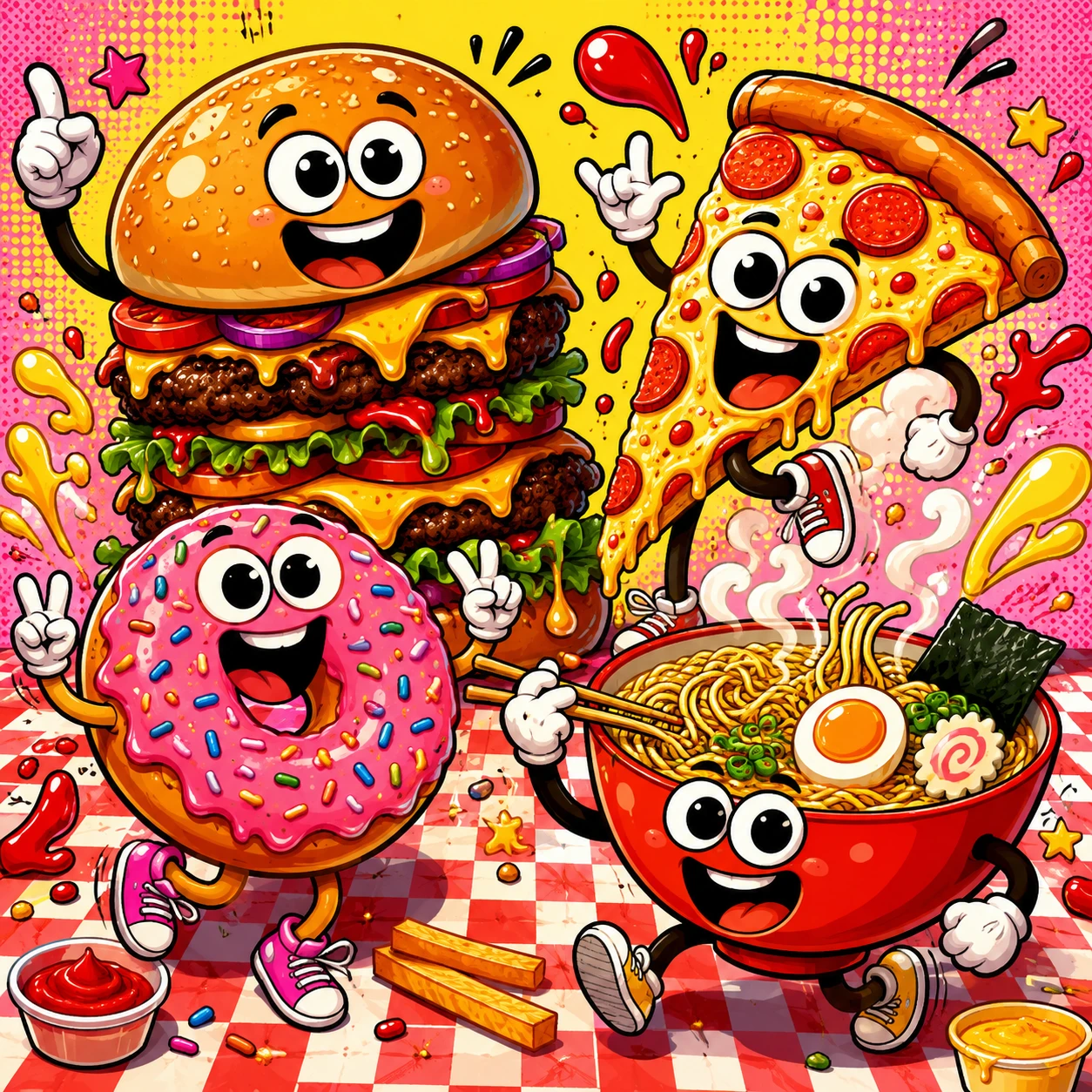 Tanzende bunte Cartoon-Fastfood-Charaktere