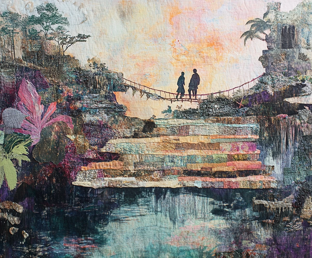 Textile explorers on a rope bridge above tropical waterfall