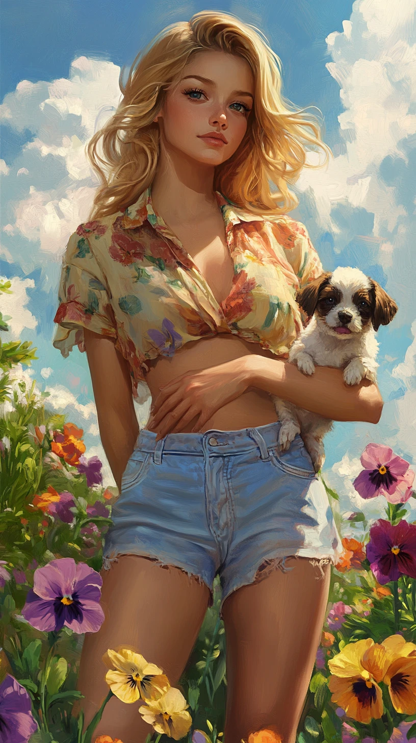 Jovem segurando um cachorrinho em um jardim de flores