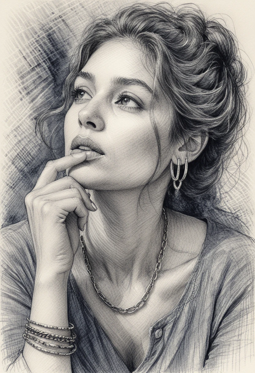 細緻墨線交叉陰影描繪的沉思女子肖像