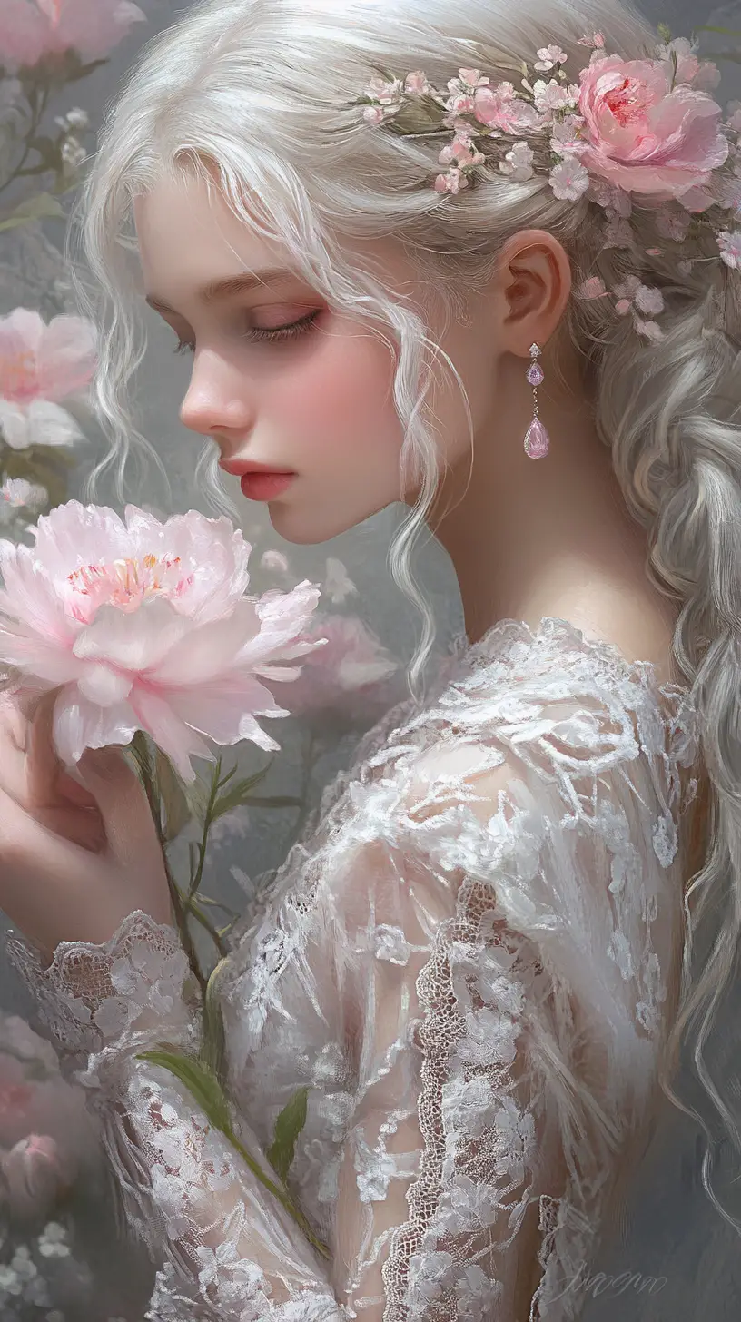 Ragazza bionda eterea che tiene un delicato fiore rosa