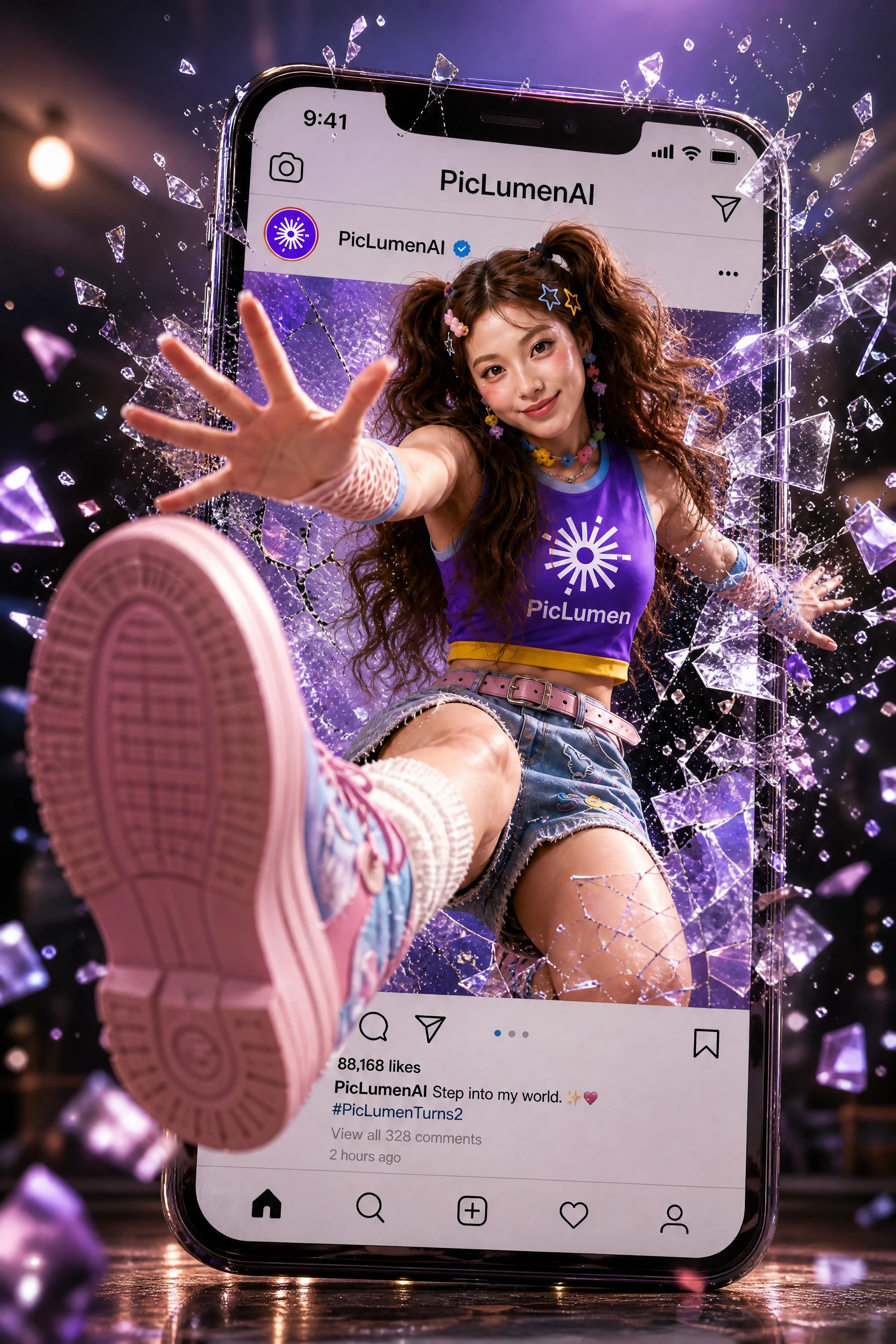 Jovem mulher salta da tela de mídia social em 3D