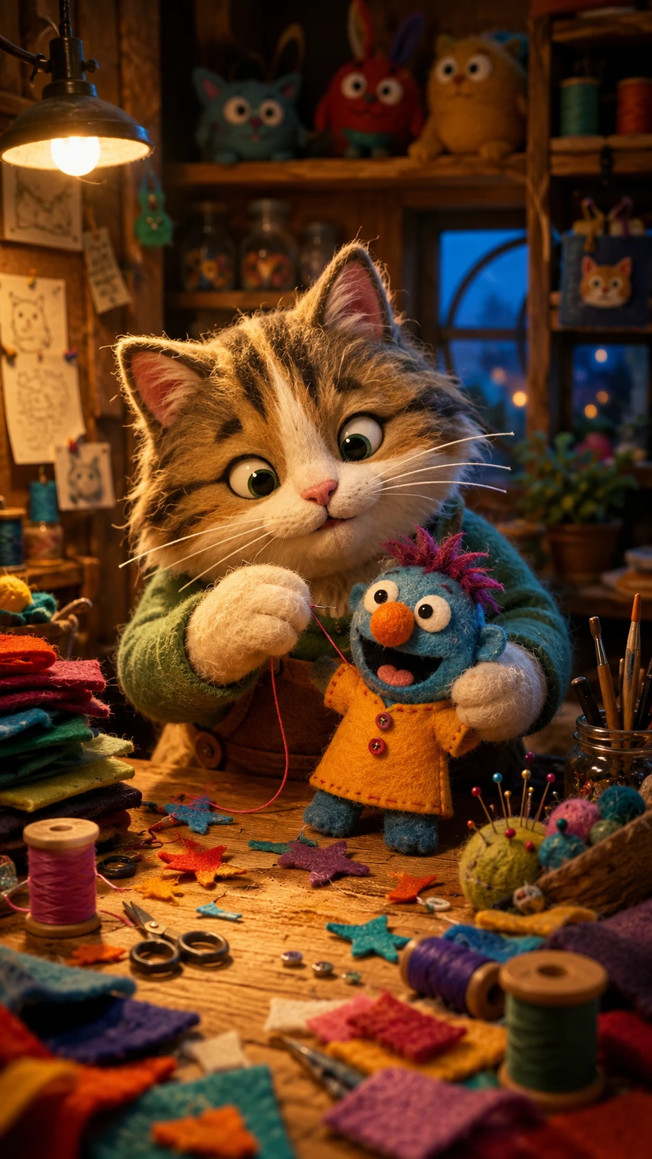 Flauschige Katze bastelt eine bunte Filzpuppe in der Werkstatt