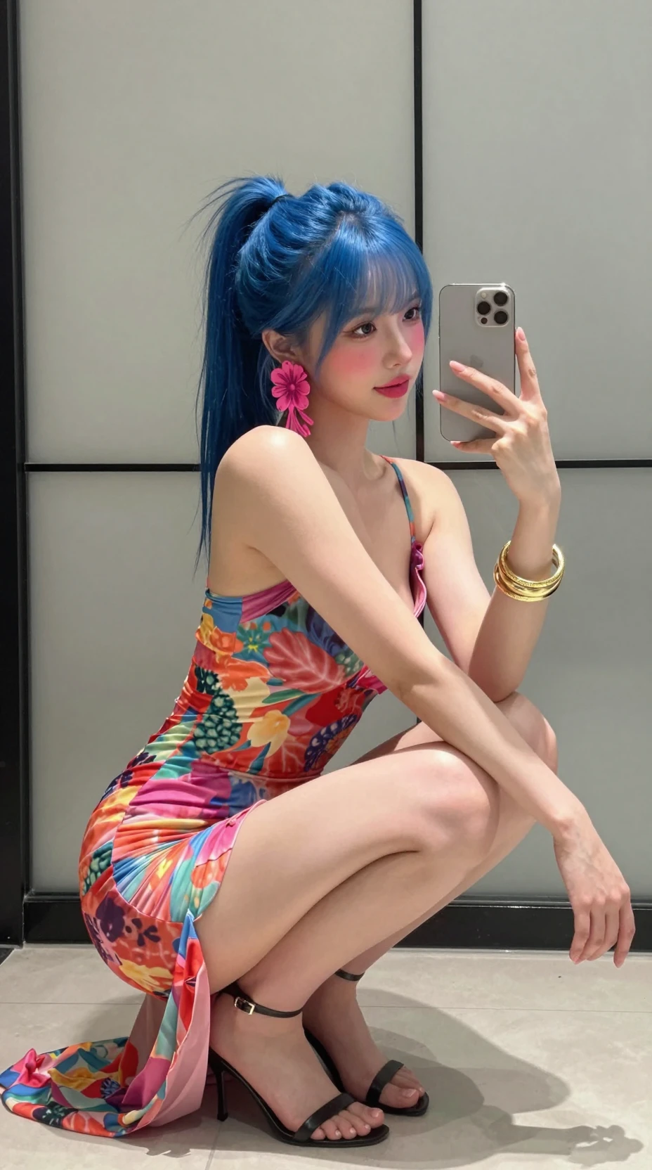 Jovem tirando selfie no espelho com vestido floral